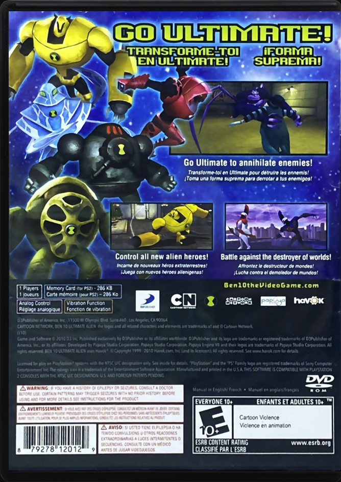 Ben 10 Ultimate Alien Cosmic Destruction PS2 back side cover case