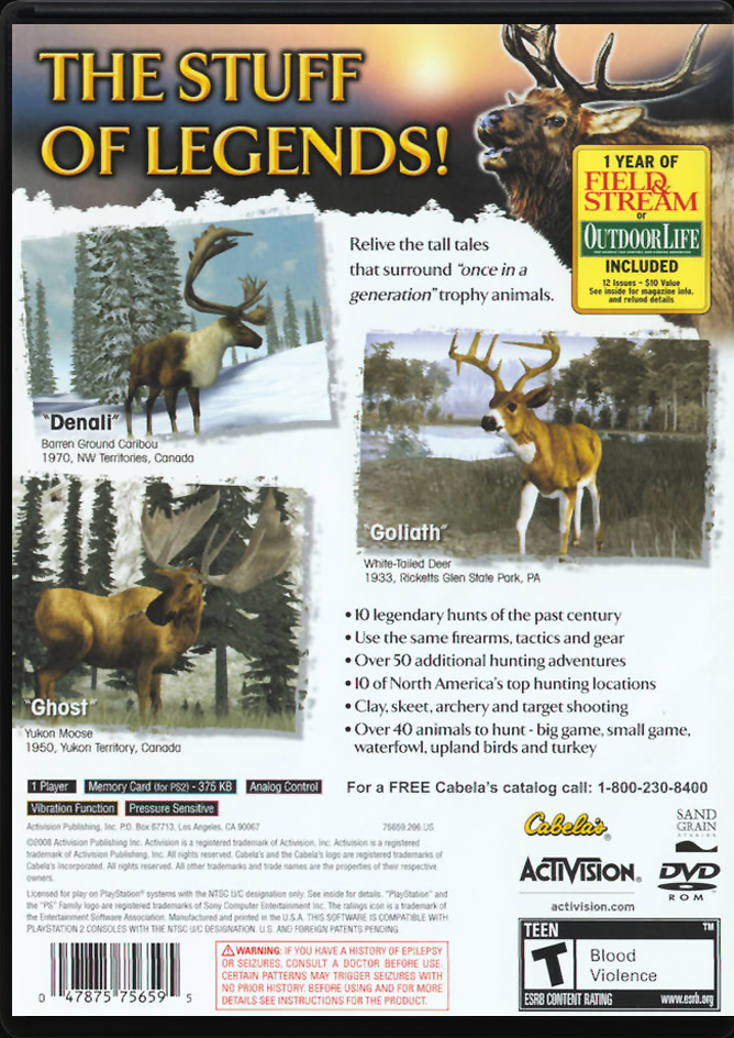 Cabelas Legendary Adventures PS2 back side cover case