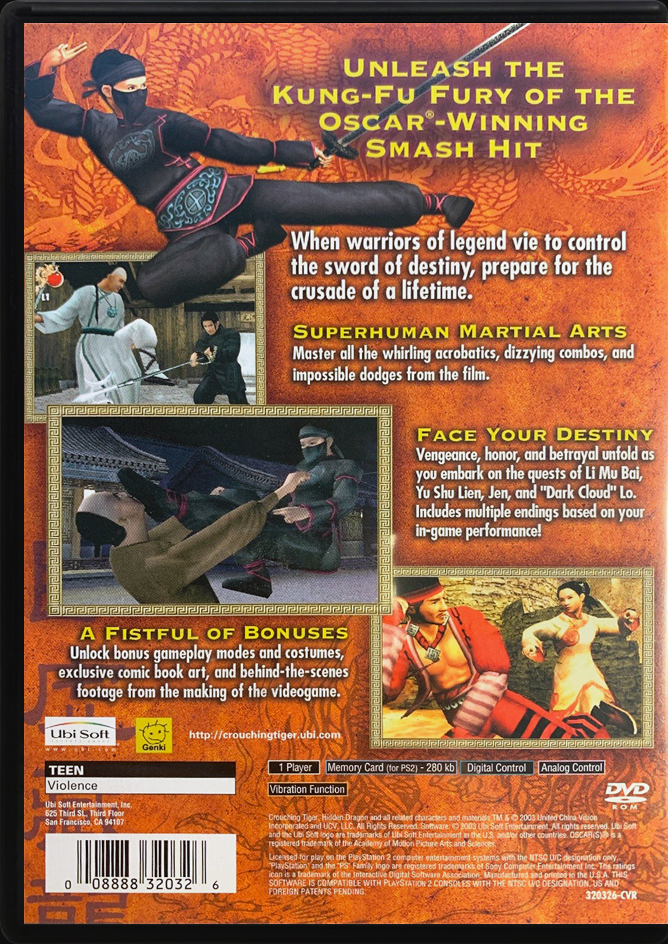 Crouching Tiger Hidden Dragon PS2 back side cover case