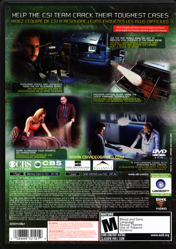 CSI 3 Dimensions of Murder PS2 back side cover case