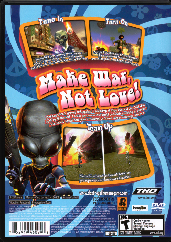 Destroy All Humans! 2 PS2 back side cover case