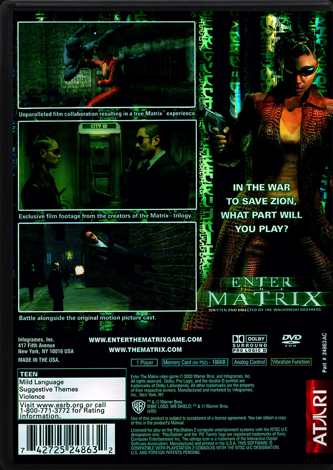 Enter the Matrix PS2 back side cover case