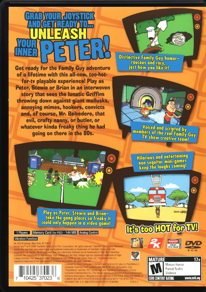 Family Guy Video Game! PS2 back side cover case