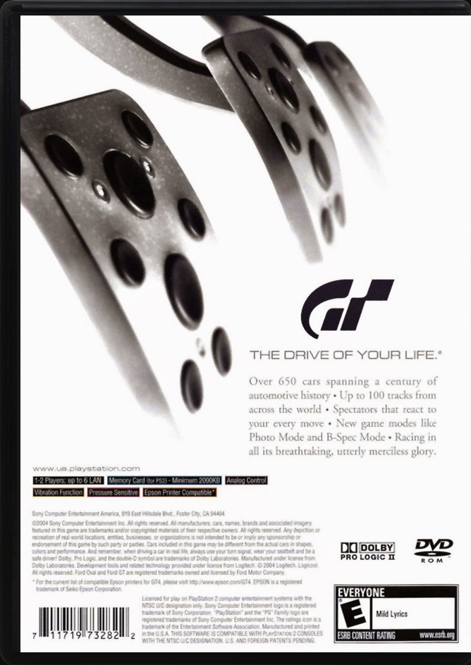 Gran Turismo 4 PS2 back side cover case