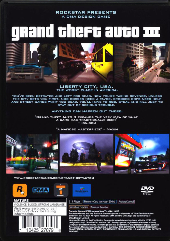 Grand Theft Auto III PS2 back side cover case