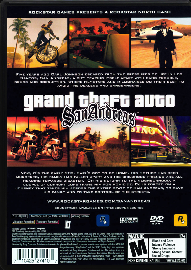 Grand Theft Auto: San Andreas PS2 back side cover case