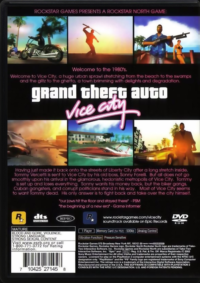 Grand Theft Auto: Vice City PS2 back side cover case