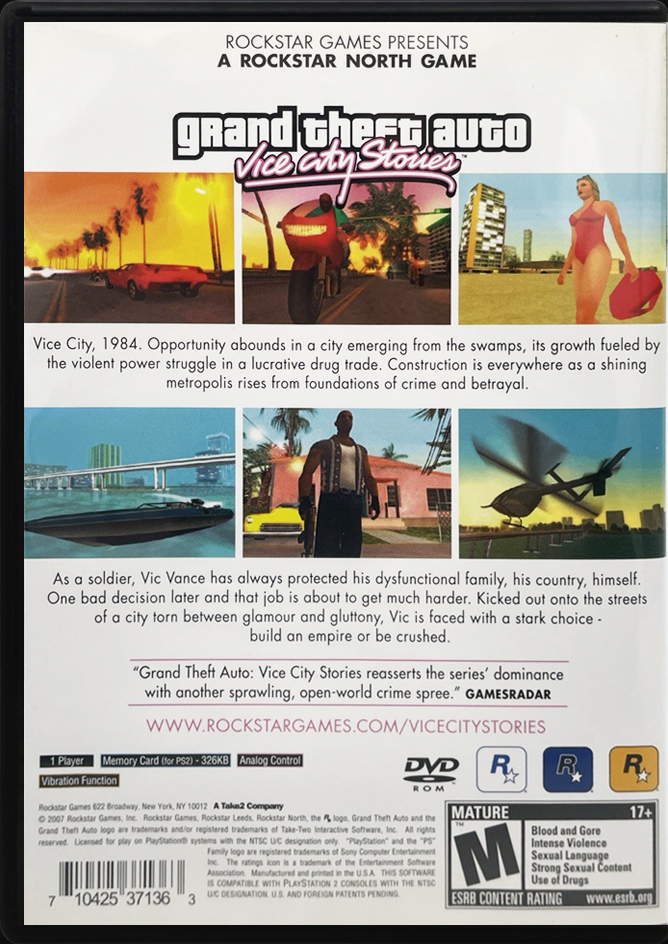 Grand Theft Auto Vice City Stories PS2 back side cover case