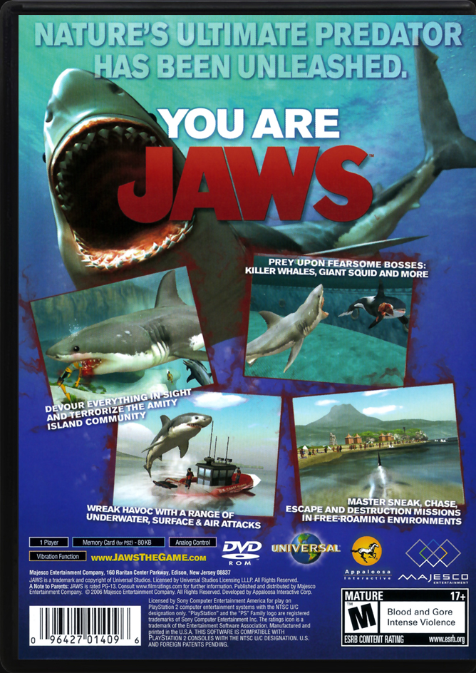 Jaws Unleashed PS2 back side cover case