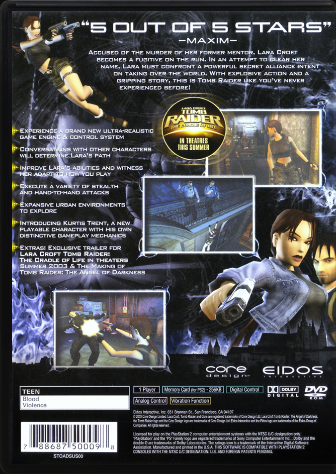 Tomb Raider The Angel of Darkness PS2 back side cover case