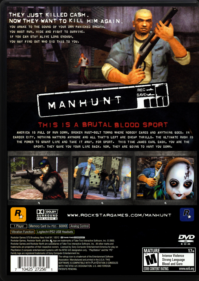 Manhunt PS2 back side cover case