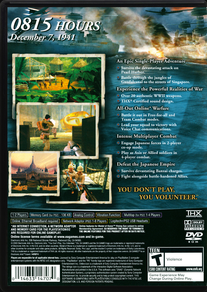 Medal of Honor Rising Sun PS2 back side cover case
