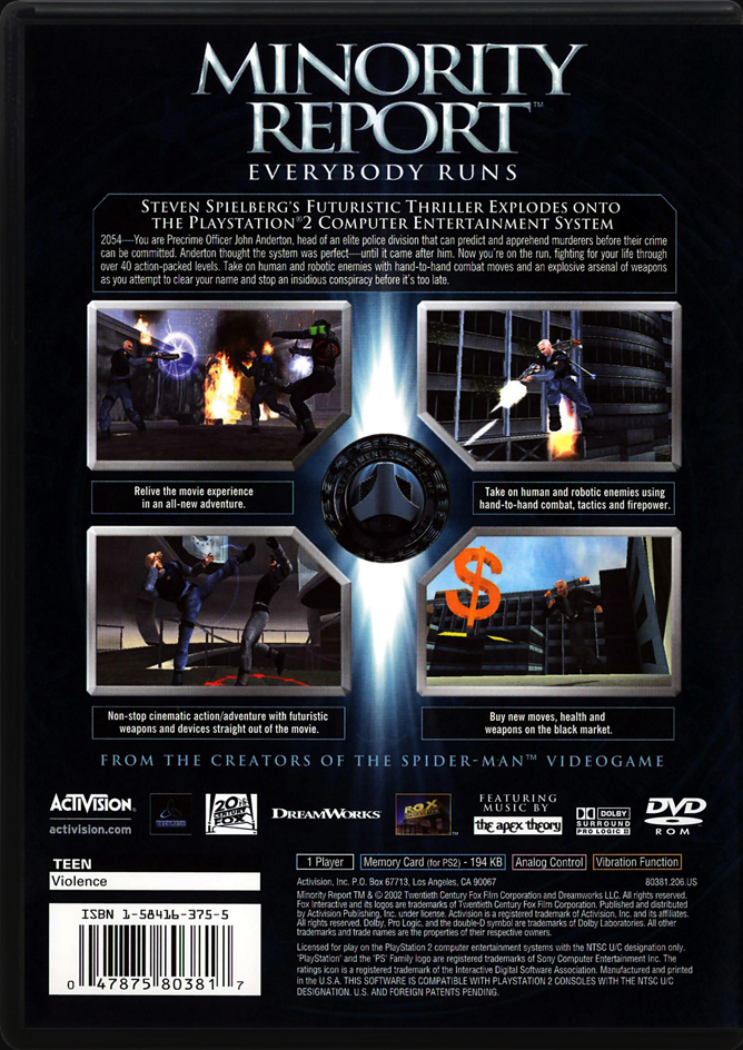 Minority Report Everybody Runs PS2 back side cover case