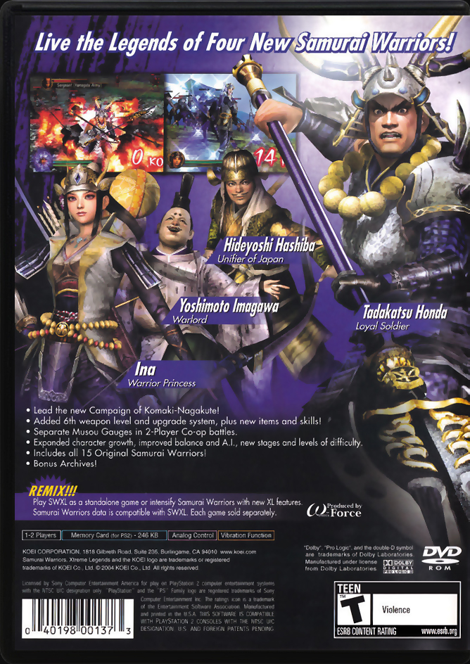 Samurai Warriors Xtreme Legends PS2 back side cover case