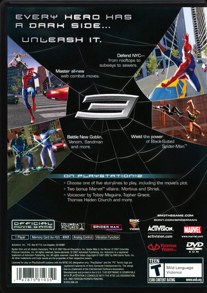 Spider-Man 3 PS2 back side cover case