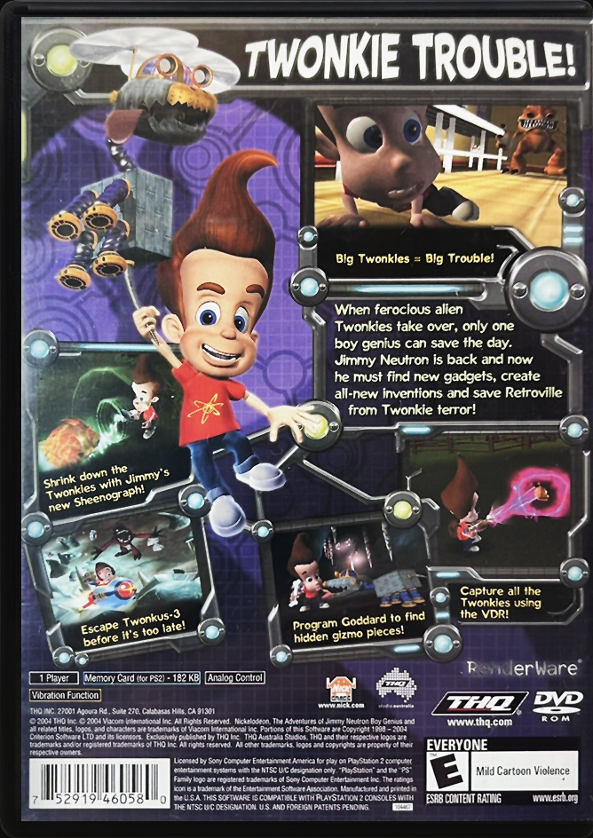 The Adventures of Jimmy Neutron Boy Genius Attack of the Twonkies PS2 back side cover case