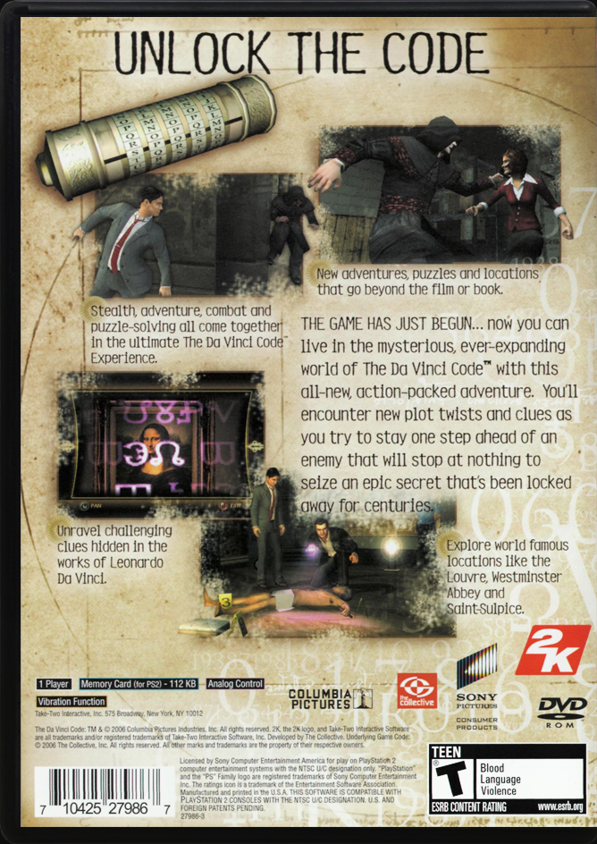 The Da Vinci Code PS2 back side cover case