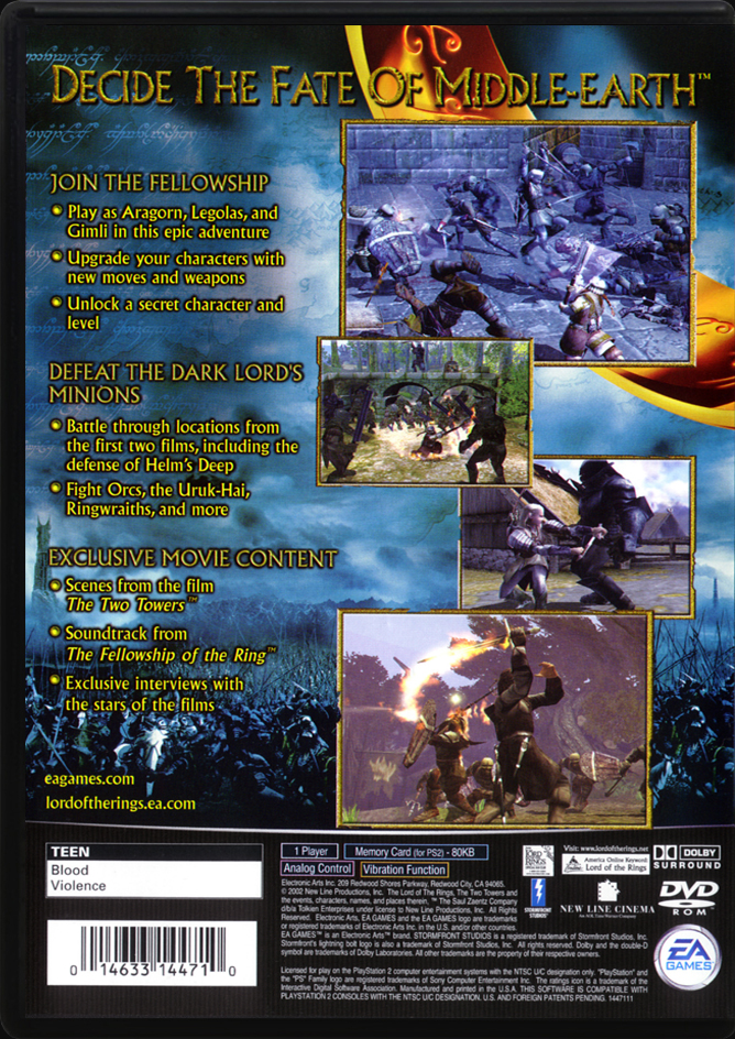 The Lord of the Rings The Two Towers PS2 back side cover case