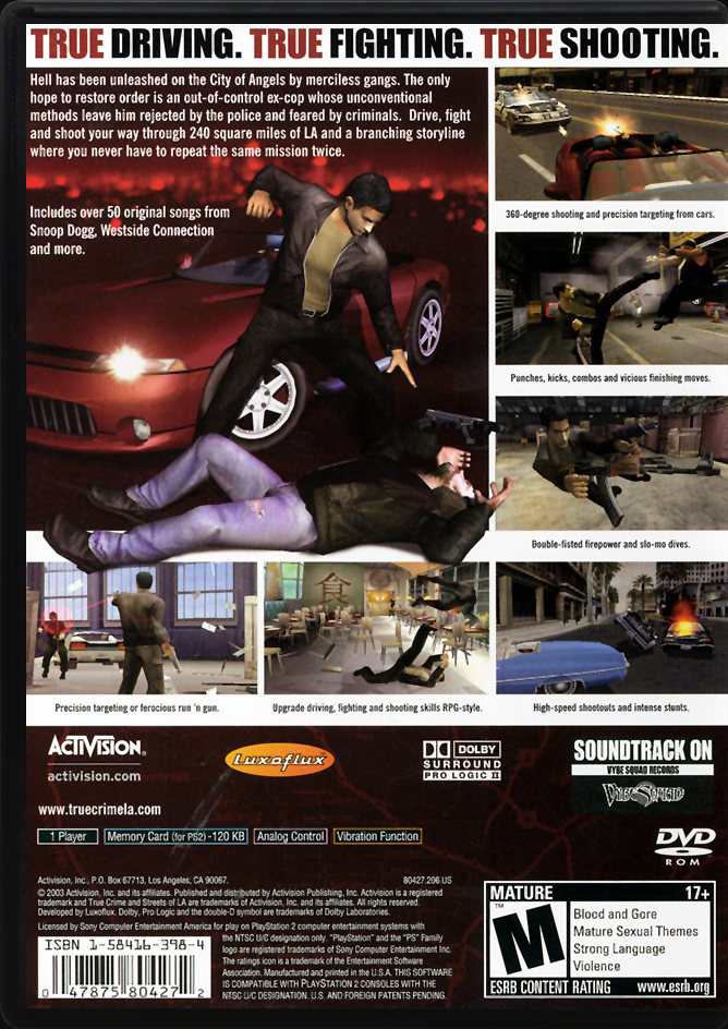 True Crime Streets of LA PS2 back side cover case