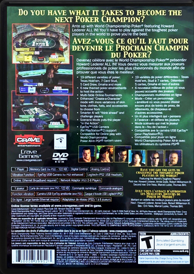 World Championship Poker All In PS2 back side cover case