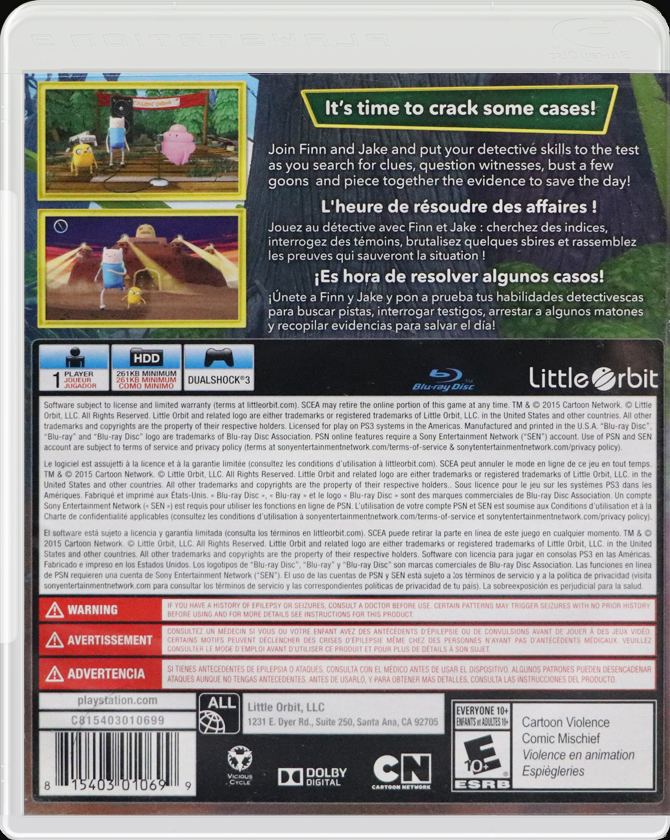 Adventure Time Finn & Jake Investigations PS3 back side cover case