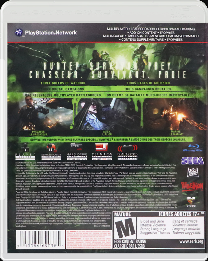 Alien vs Predator PS3 back side cover case