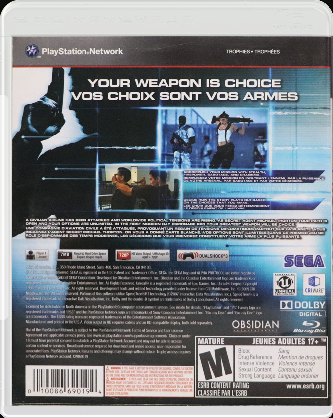 Alpha Protocol PS3 back side cover case