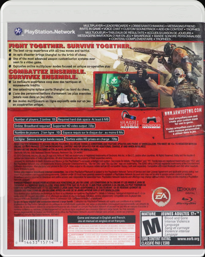 Army of Two The 40th Day PS3 back side cover case