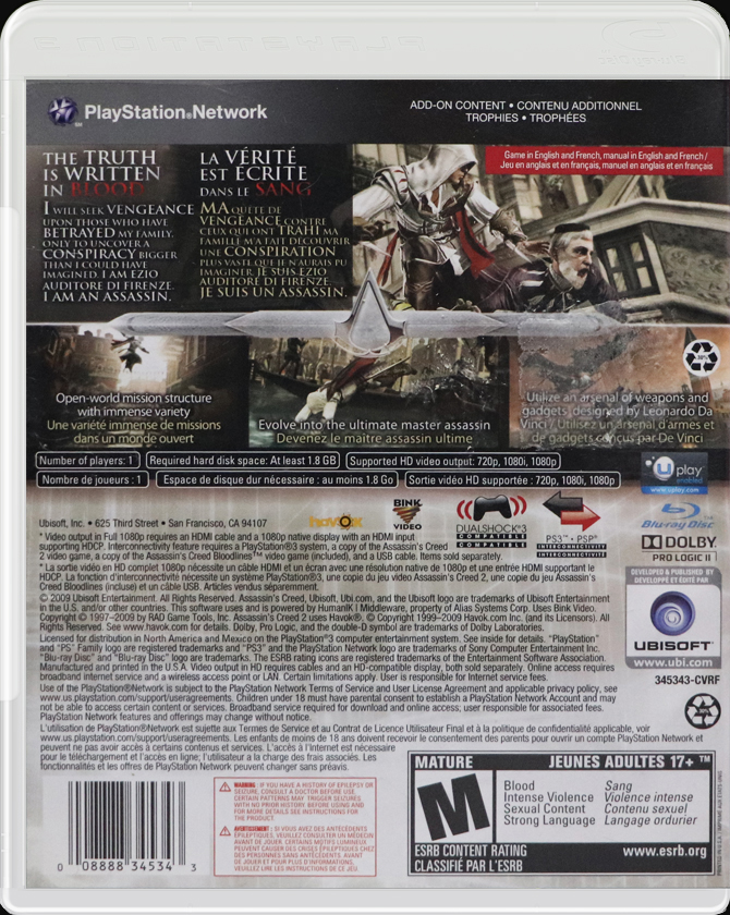 Assassins Creed II PS3 back side cover case