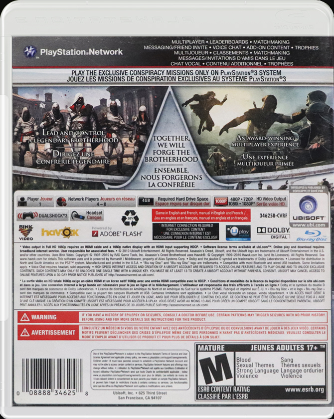 Assassins Creed Brotherhood PS3 back side cover case