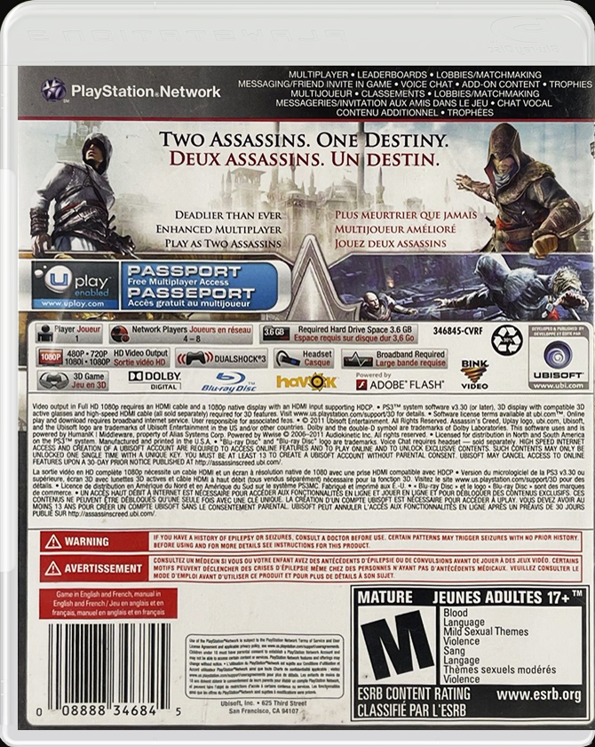 Assassins Creed Revelations PS3 back side cover case