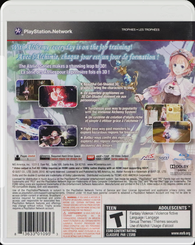 Atelier Rorona: The Alchemist of Arland PS3 back side cover case