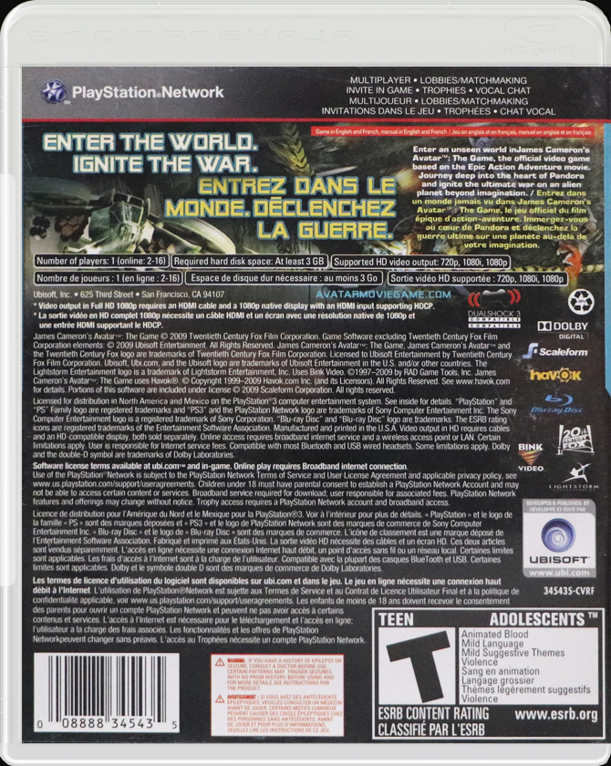 Avatar: The Game PS3 back side cover case