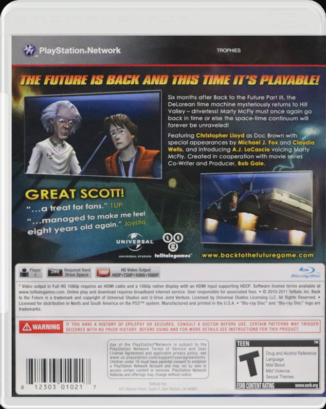 Back to the Future: The Game PS3 back side cover case