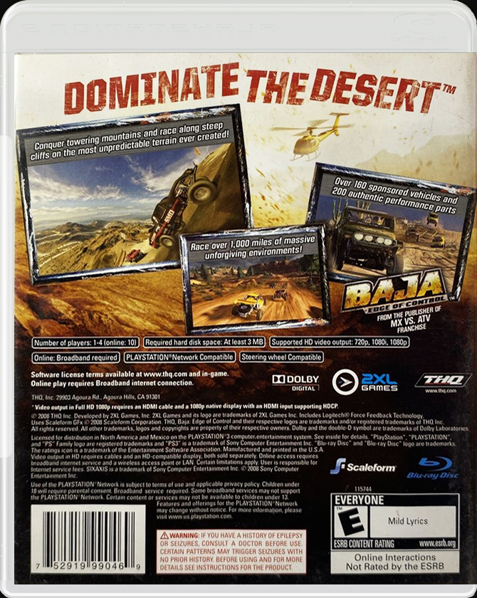 Baja: Edge of Control PS3 back side cover case