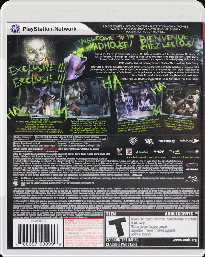 Batman: Arkham Asylum PS3 back side cover case