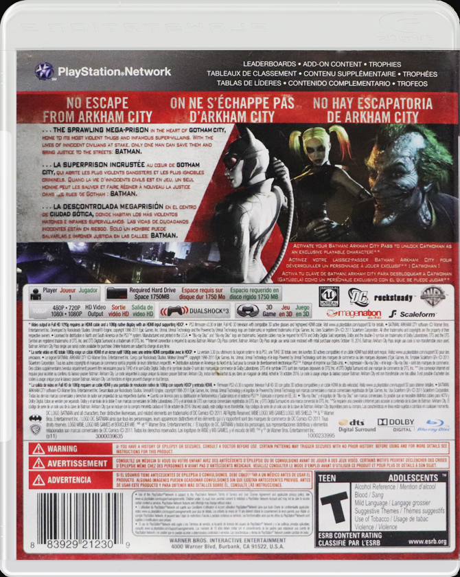 Batman: Arkham City PS3 back side cover case