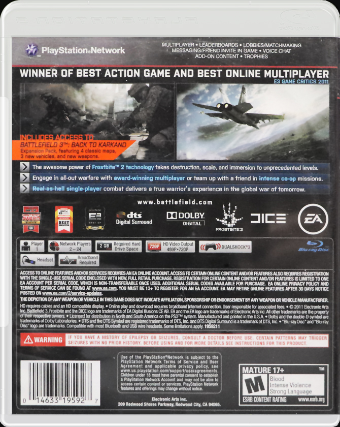 Battlefield 3 PS3 back side cover case