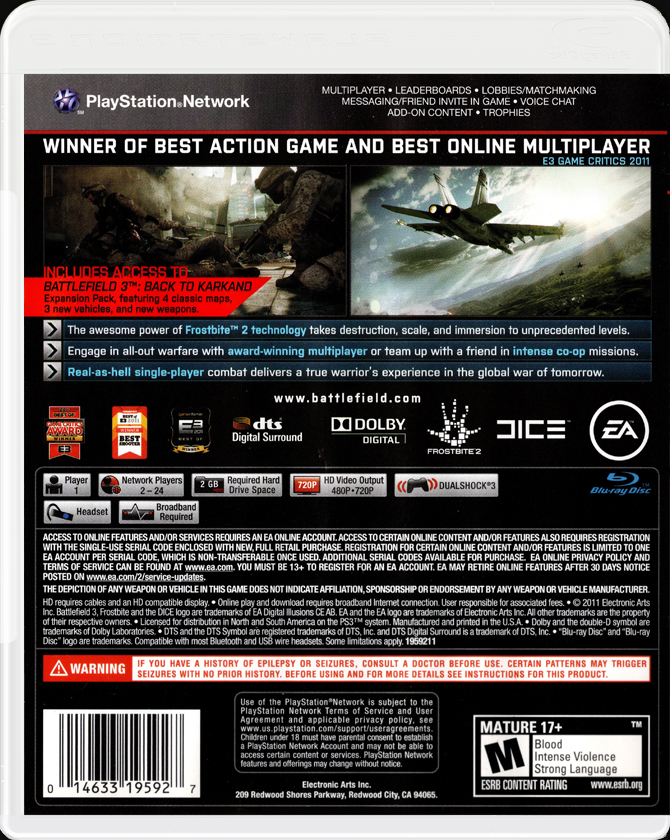 Battlefield 3 Limited Edition PS3 back side cover case