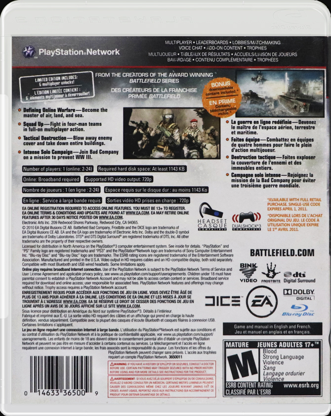 Battlefield: Bad Company 2 Limited Edition PS3 back side cover case