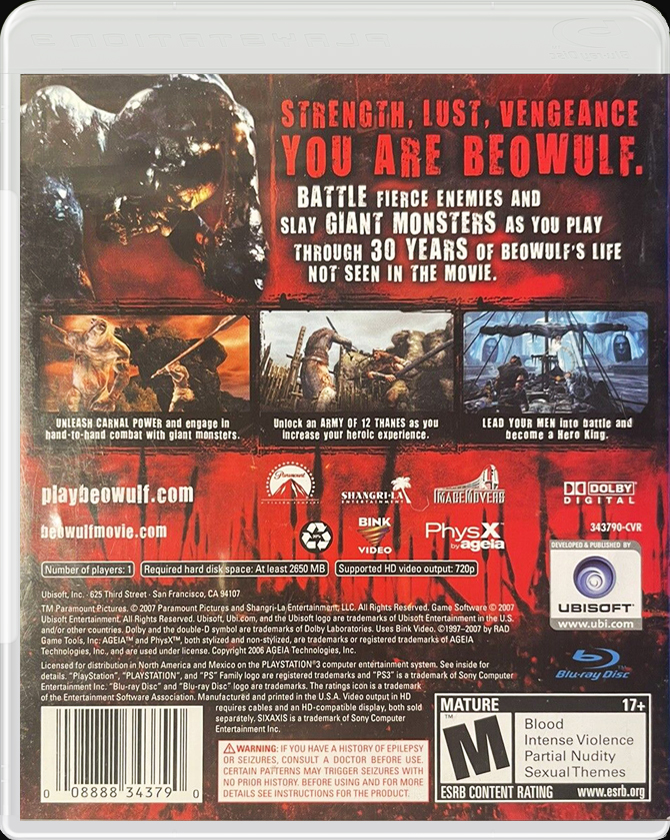 Beowulf The Game PS3 back side cover case