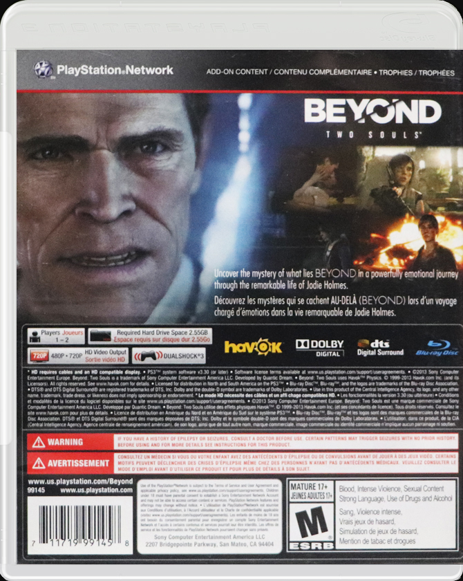 Beyond Two Souls PS3 back side cover case