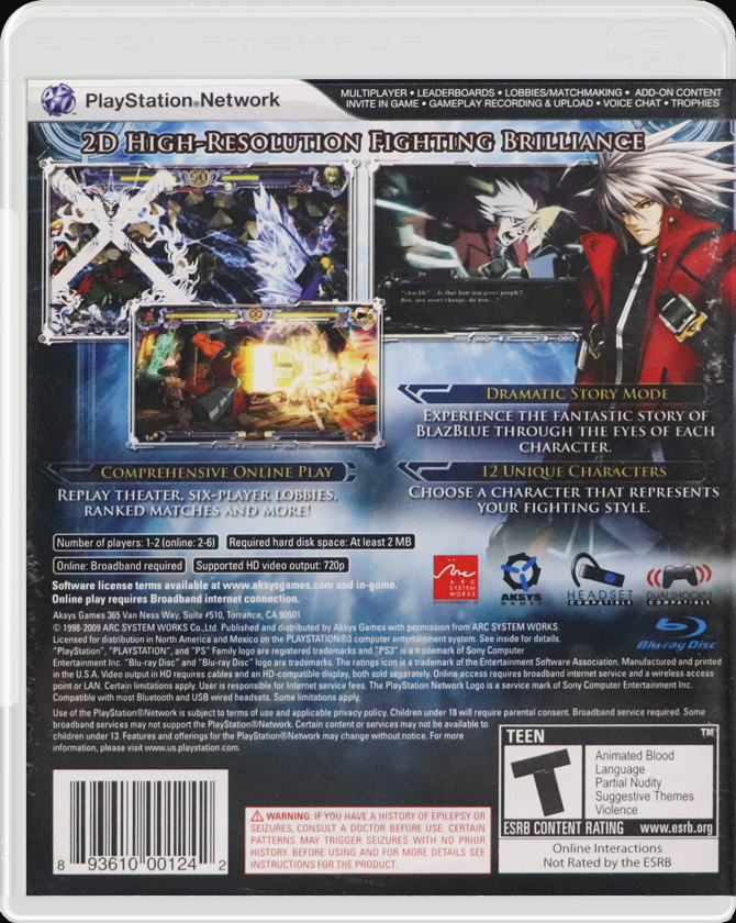 BlazBlue Calamity Trigger PS3 back side cover case