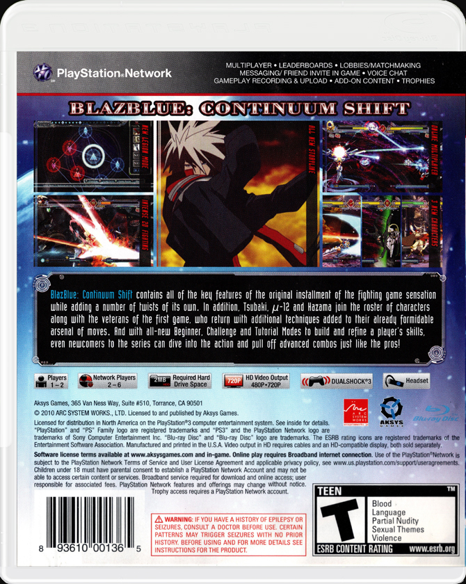 BlazBlue Continuum Shift PS3 back side cover case