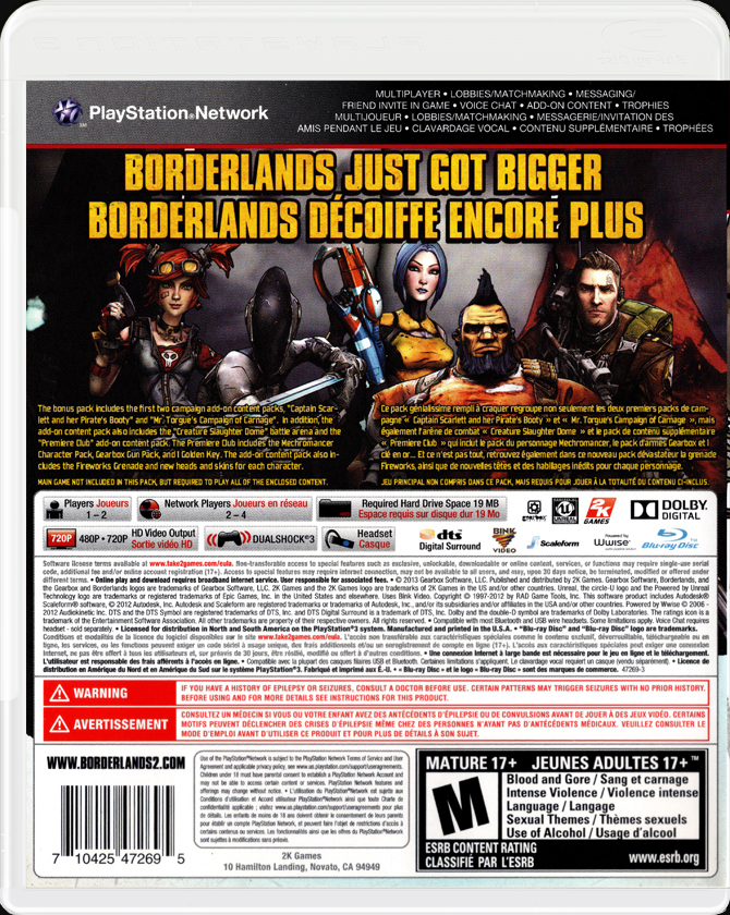 Borderlands 2 Add-On Content Pack PS3 back side cover case