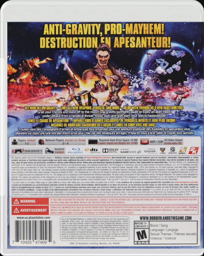 Borderlands The Pre-Sequel PS3 back side cover case