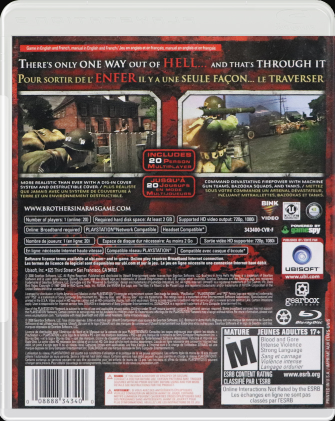 Brothers in Arms Hells Highway PS3 back side cover case