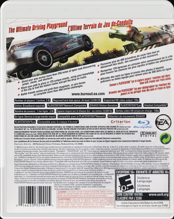 Burnout Paradise PS3 back side cover case