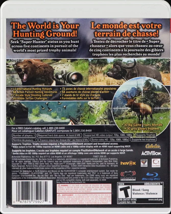 Cabela's Big Game Hunter 2010 PS3 back side cover case