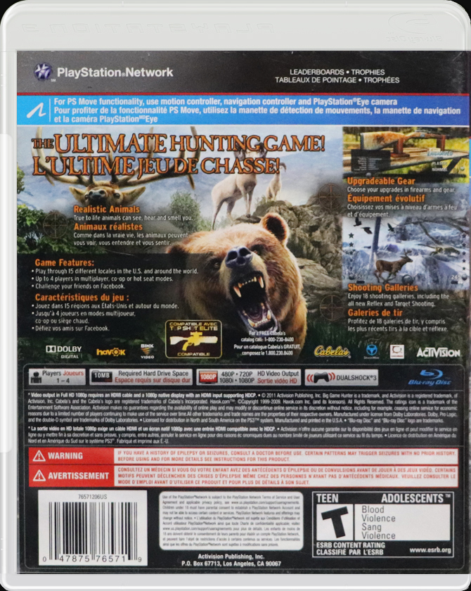 Cabela's Big Game Hunter 2012 PS3 back side cover case